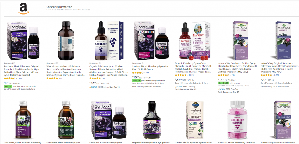 Sample of the overwhelming assortment of Elderberry Syrup on Amazon - note most is "corporate" syrup and not local / small batch made.